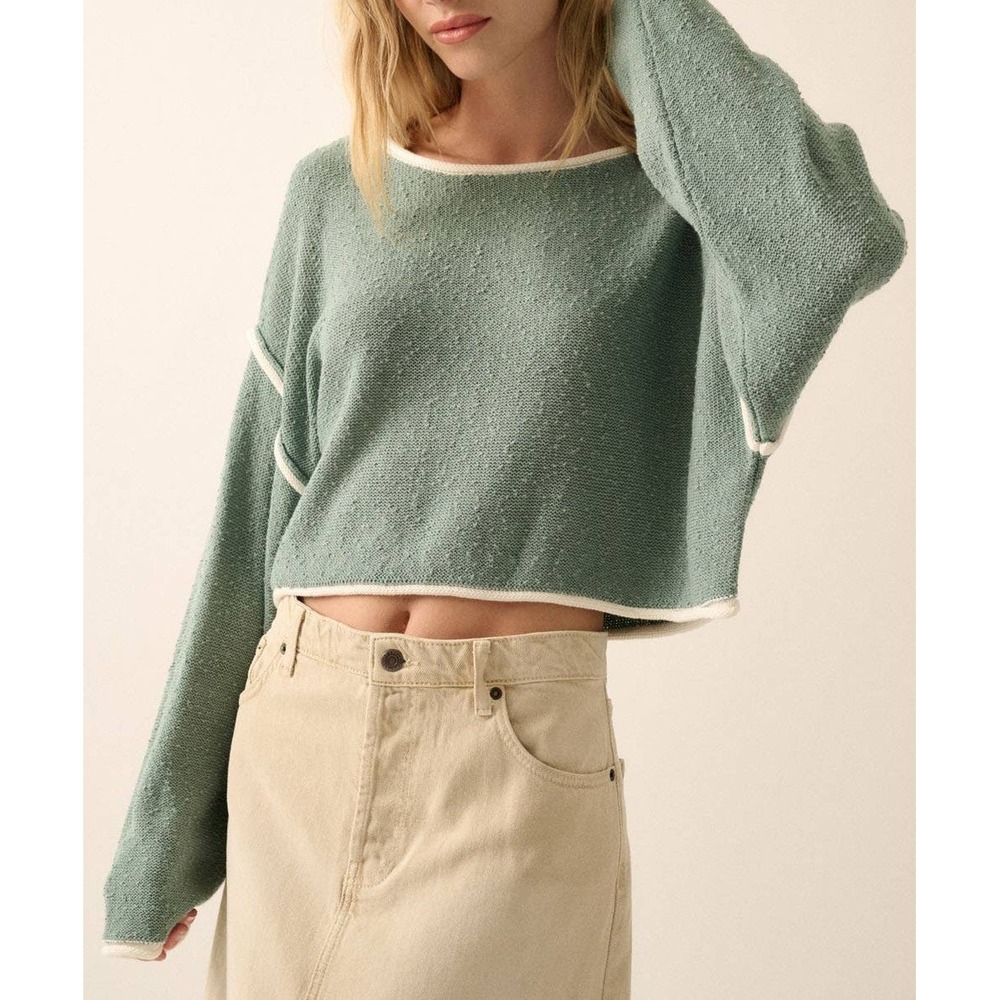 Promesa Cuddle Party Cropped Exposed-Seam Sweater Green Size Small Boho Casual